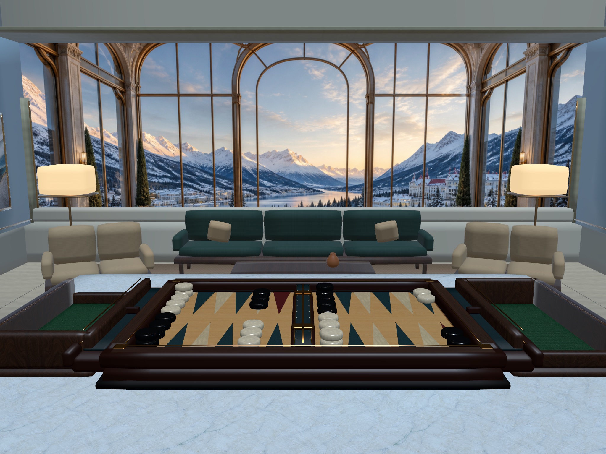 Backgammon in Alpine with tall arched windows overlooking mountains and a lake.
