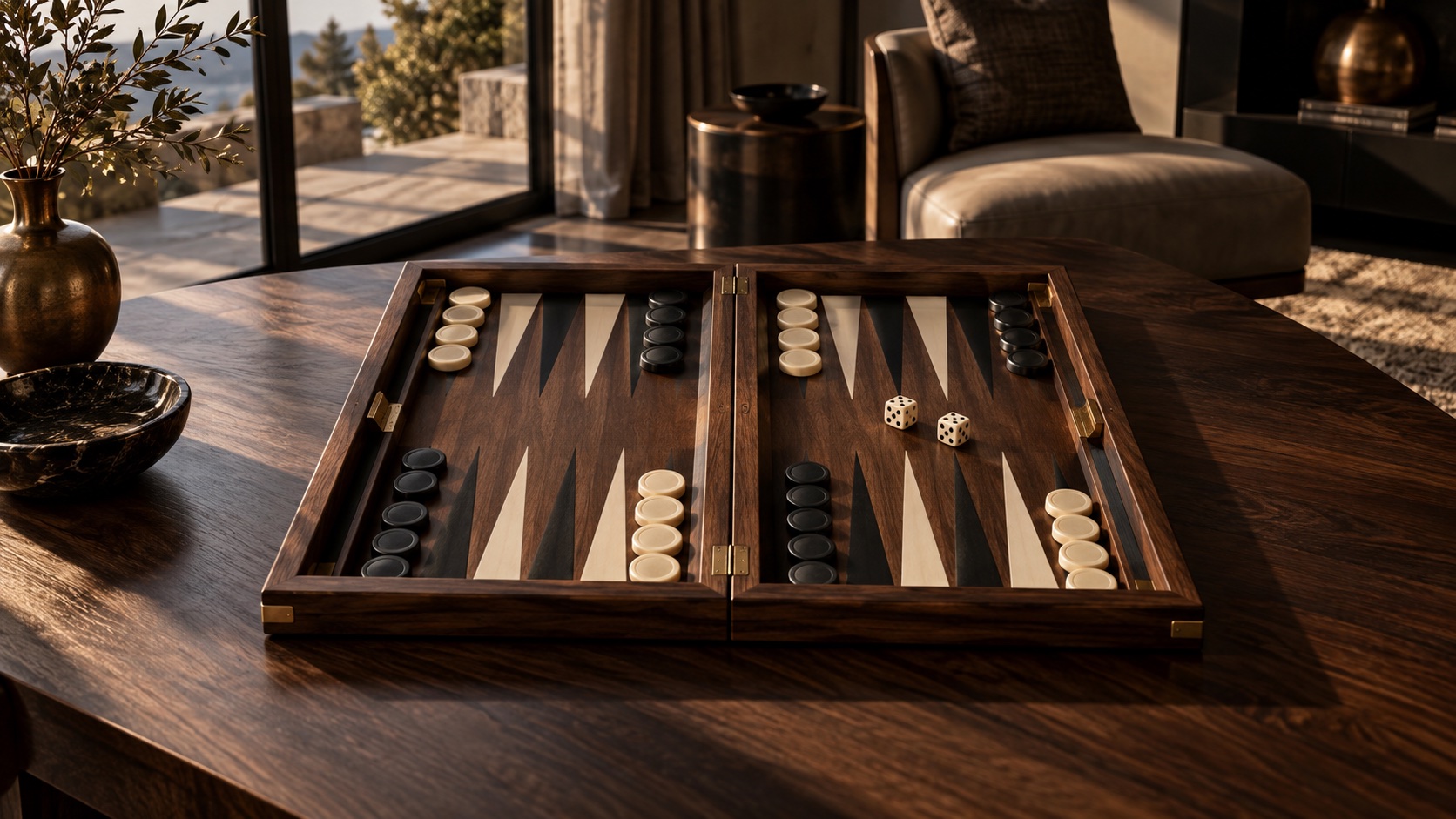 A dark wooden backgammon board in warm sidelight