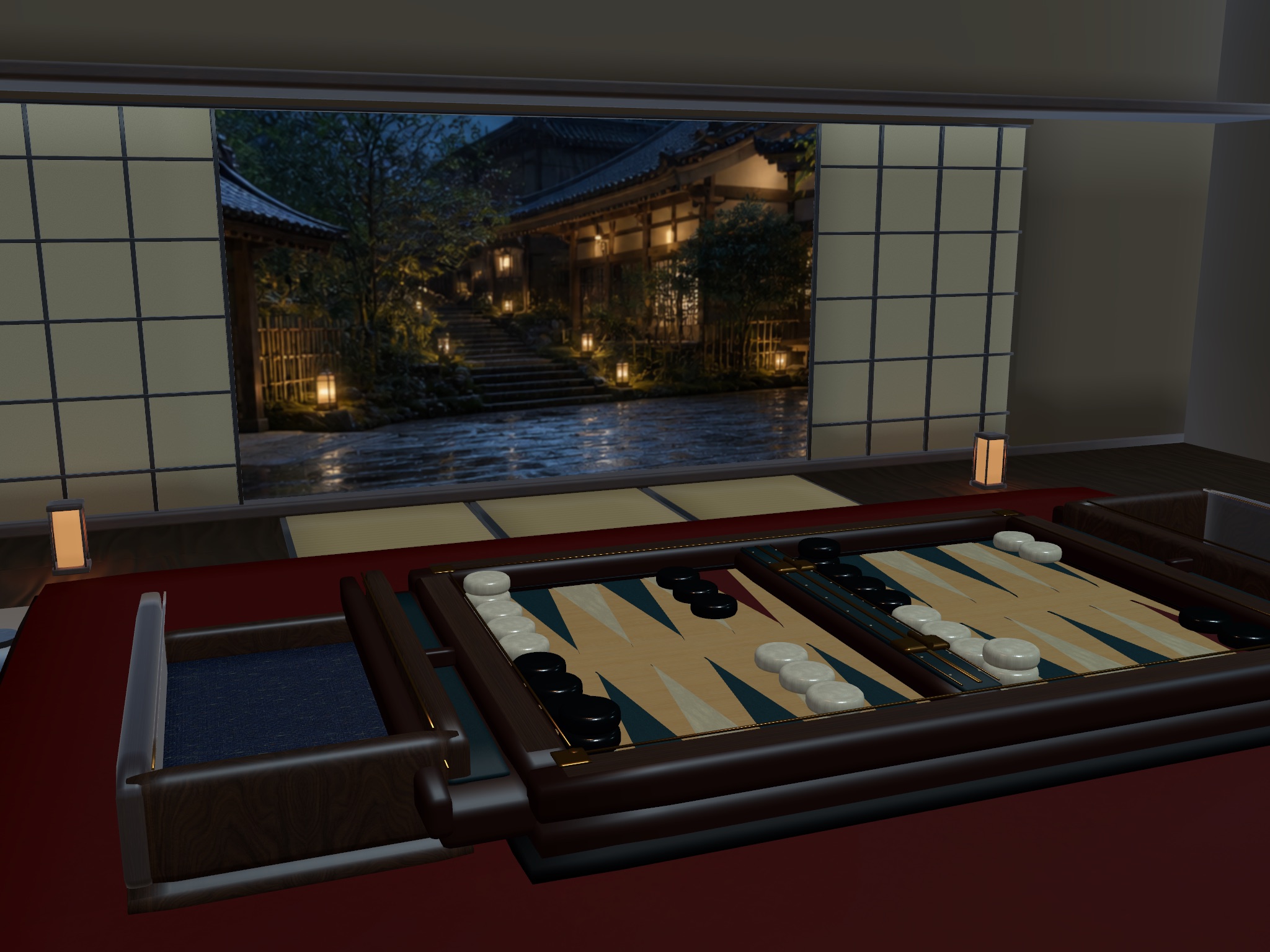 Backgammon in Kyoto with tatami floors and a lantern-lit garden path in the rain.