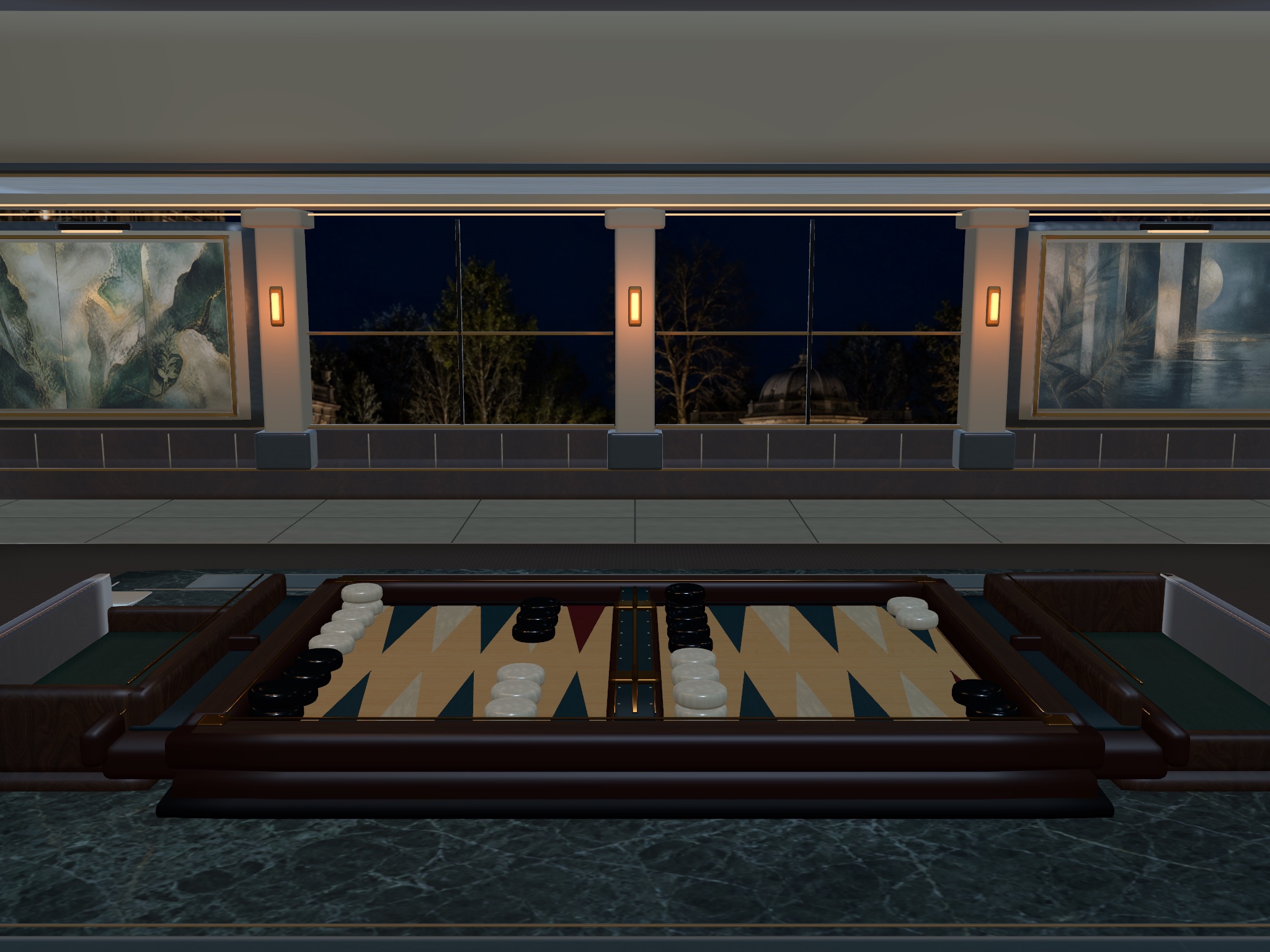 Backgammon in Atrium at night, with wall art, stone surfaces and warm lights.