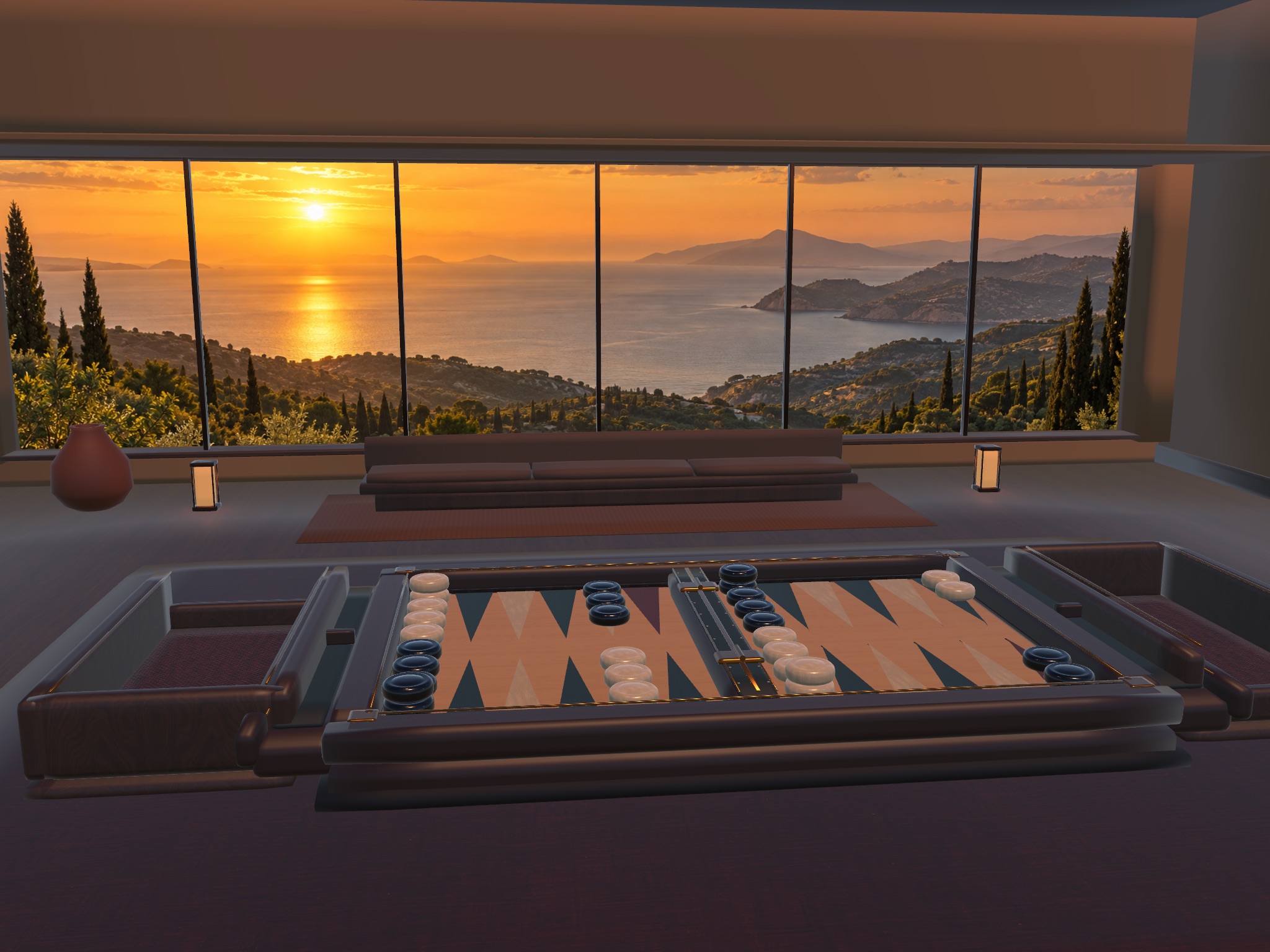 Backgammon in Salon with a warm sunset over the coast.