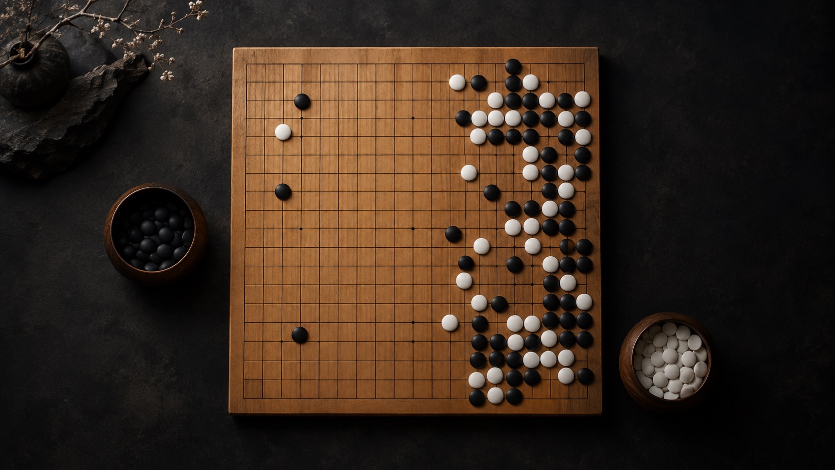A Go board seen from above, between a quiet opening and a complex position