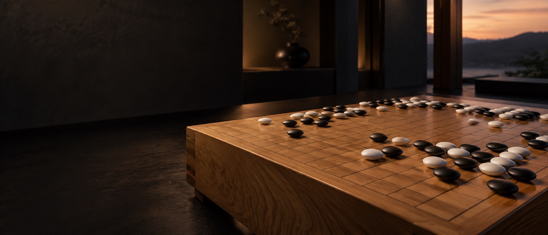 A warmly lit Go table in a quiet room