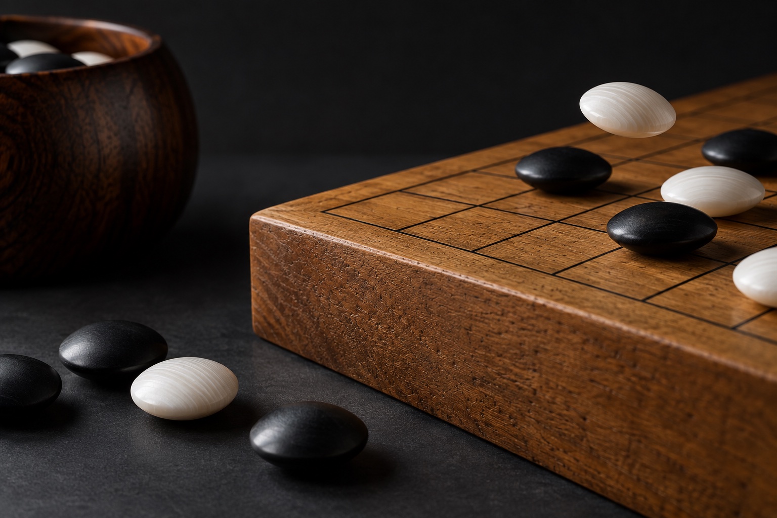 Black slate and white shell stones on a Go board